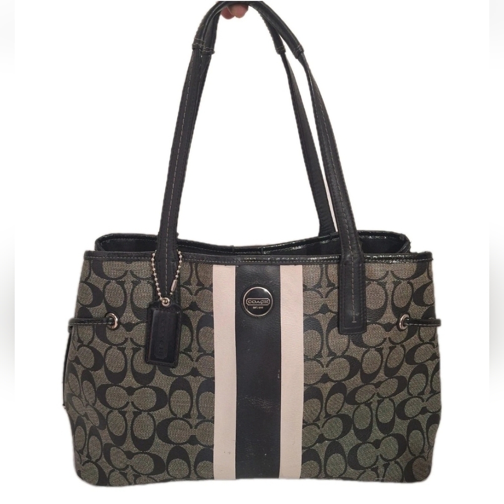 Coach Black White Signature Striped Logo Shoulder Rote Bag F22908 Monogram EUC